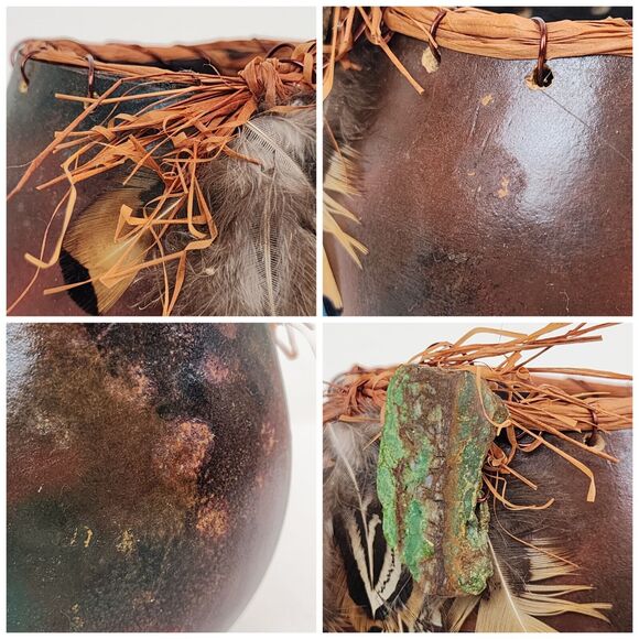 Hand Painted Gourd Bowl Handmade Art Feathers Agate Signed Brown Green - Picture 5 of 11